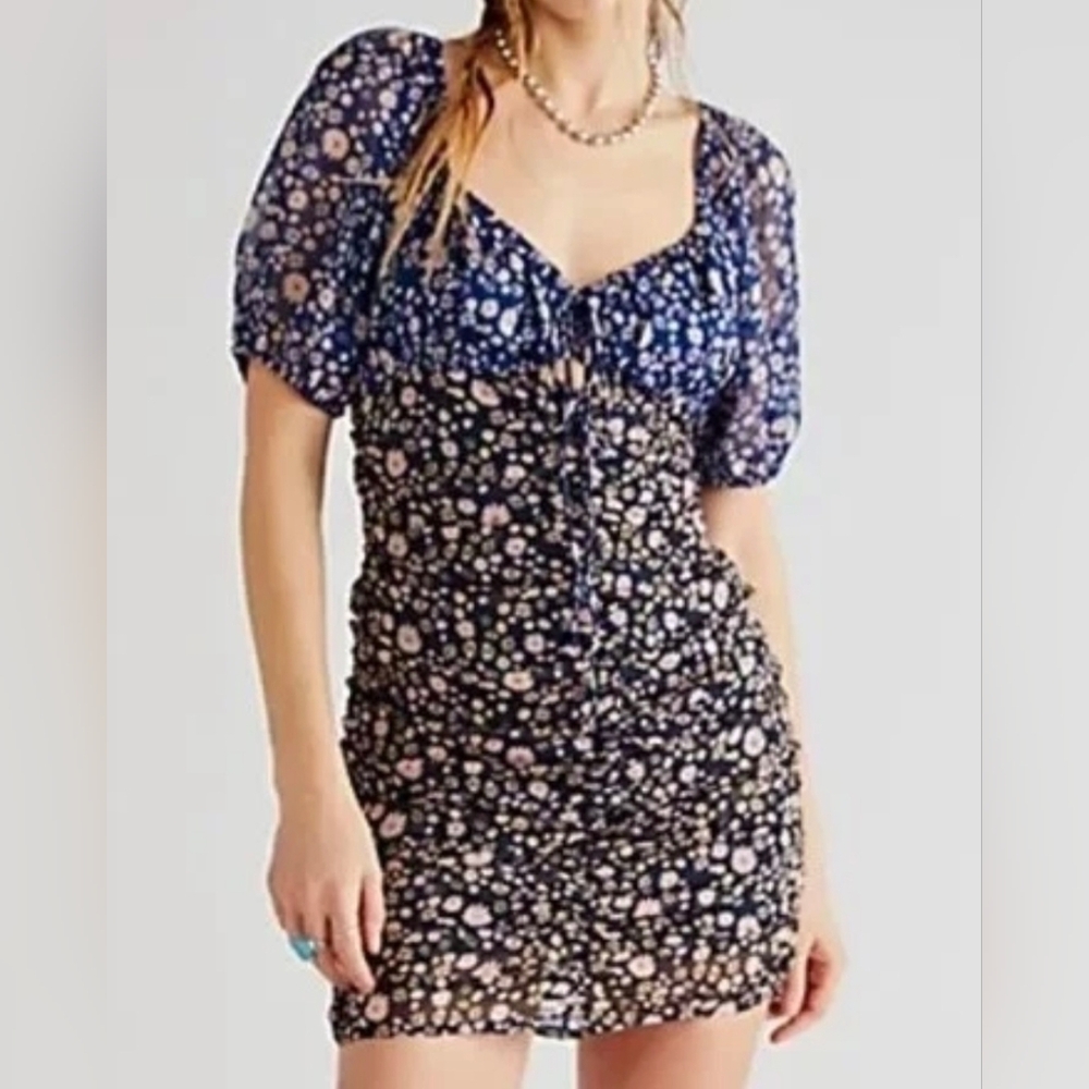 Free People NWT Tessa Blue/Brown Floral Mini Dress XS